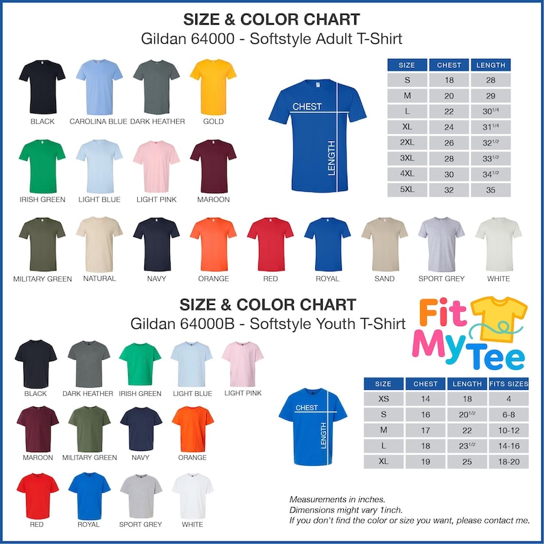 a chart showing the size and color of a t - shirt