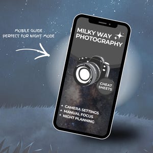 May include: A smartphone displays a guide for Milky Way photography. The screen shows a camera graphic and the words "Milky Way Photography" and "Cheat Sheets." Additional text includes "Camera Settings," "Manual Focus," and "Night Planning."