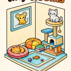 Könnte beinhalten: Farbenfrohe Illustration für ein Malbuch zum Thema Katze mit dem Titel "tiny Rooms". Das Bild zeigt einen Kratzbaum, eine schlafende Katze und ein gerahmtes Mausbild. Das Malbuch ist als PDF zum Drucken und Ausmalen in A4- und US-Letter-Größe erhältlich.