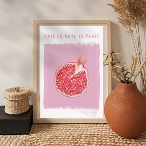 Pomegranate, red and white rose illustration poster, positive quote “Do what you please”, downloadable for decoration