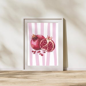 Illustration fruit grenade rose rétro, poster digital à imprimer déco vintage colorée