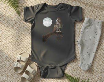 Body infantil de búho cornudo y luna / Body de algodón para bebé con diseño hecho a mano