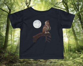 Camiseta infantil con estampado de búho a la luz de la luna en una rama / Camiseta infantil con estampado de noche en el bosque.