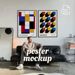 2 Frames Mockup 5x7 Ratio, Multiple Black Frame Mockup In Living Room, Two Artwork Mockup, Modern Wall Art Poster Print Display Template