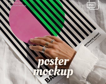 Poster Mockup Close-Up PSD, A4 Paper Mockup with Hand, Flat Lay Wall Art Display Template, Minimal Printable Artwork Mockup for Print shop