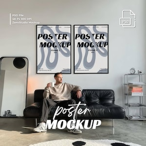 2 Frames Mockup 5x7 Ratio, Multiple Black Frame Mockup In Living Room, Two Artwork Mockup, Modern Wall Art Poster Print Display Template