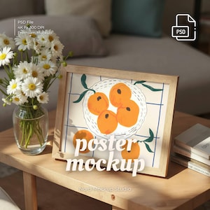 DIN A Horizontaal Frame Mockup PSD Landschap 7x5 Fotolijst Mockup Licht Houten Frame Woonkamer Interieur Kunstwerk Poster Print Display