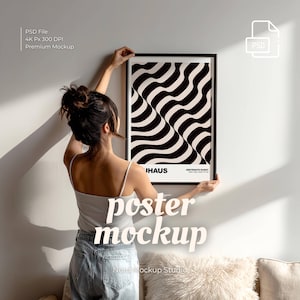 Black Frame Mockup with Person 2x3, Woman Holding Frame In Living Room Interior, Minimal Artwork Wall Art Poster Print Display PSD Template