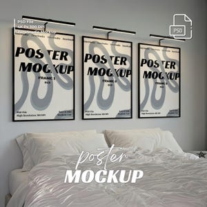 May include: Three framed posters with black borders are displayed above a bed. Each poster reads "POSTER MOCKUP" with a gray abstract design. The text "FRAME 1 2x3", "FRAME 2 2x3", and "FRAME 3 2x3" are also visible. The image includes the text "PSD File 4K Px 300 DPI".