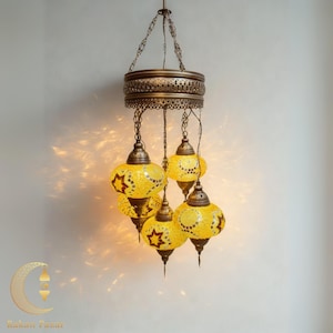 Hanging Turkish Mosaic Chandelier, 5 Globe Roof Lamp, Handmade Stained Glass Light, High Quality, Free Worldwide Shipping