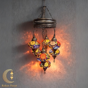 Hanging Turkish Mosaic Chandelier, 7 Globe Roof Lamp, Roof lamps, Handmade Stained Glass Light, High Quality, Free Worldwide Shipping