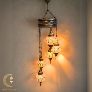 Hanging Mosaic Spiral Chandelier, 5 Globe Roof Lamp, Handmade Turkish Light, Stained Glass, High Quality, Free Worldwide Shipping