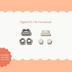 Puede incluir: Descarga de archivo STL digital con cortadores de arcilla polimérica con temática invernal. La imagen muestra cortadores con forma de gorro, mitones y bufanda. El texto "Digital STL File Download" se muestra encima de los cortadores.