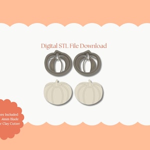 Op de afbeelding: Digitale STL-bestand download met vier pompoenvormige uitsteekvormen. Twee zijn omtrekken en twee zijn effen. De afbeelding bevat de tekst "Digital STL File Download" en "All Sizes Included Sharp 4mm Blade Polymer Clay Cutter."