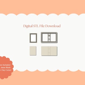 May include: Digital STL file download graphic with four gray polymer clay cutter designs. The designs include a rectangle, a window, and two other shapes. Text includes "All Sizes Included Sharp .4mm Blade Polymer Clay Cutter".