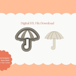 Puede incluir: Dos cortadores de galletas con forma de paraguas. Uno es un contorno sólido, el otro es un diseño relleno. El texto "Digital STL File Download" está encima de los paraguas. El texto "All Sizes Included Sharp 4mm Blade Polymer Clay Cutter" está debajo.