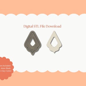 May include: Digital STL file download featuring two teardrop-shaped polymer clay cutters. One cutter is gray, the other is off-white. The design includes a central diamond shape and a decorative scalloped edge. Text on the image reads "Digital STL File Download".