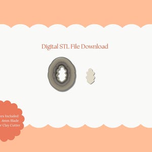 Puede incluir: Descarga de archivo STL digital con dos cortadores de arcilla polimérica. Uno es un óvalo grande en capas con un diseño de hoja en el interior. El segundo es una forma de hoja más pequeña. Se muestra el texto "Digital STL File Download".