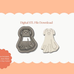 May include: A digital STL file download featuring a ghost-shaped design. The image shows a ghost cookie cutter and a 3D rendering of the ghost. The text "Digital STL File Download" is at the top. The text "All Sizes Included Sharp 4mm Blade Polymer Clay Cutter" is at the bottom.