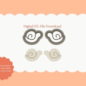 May include: Digital STL file download showing two snail-shaped cookie cutters and two snail-shaped polymer clay cutters. The image includes the text "Digital STL File Download" and "All Sizes Included Sharp 4mm Blade Polymer Clay Cutter."