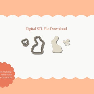 Puede incluir: Descarga de archivo STL digital con diseños de cortadores de galletas con forma de conejo y lazo. La imagen incluye un cortador de contorno metálico y una forma de conejo sólida. El texto en la imagen dice: "All Sizes Included Sharp .4mm Blade Polymer Clay Cutter."