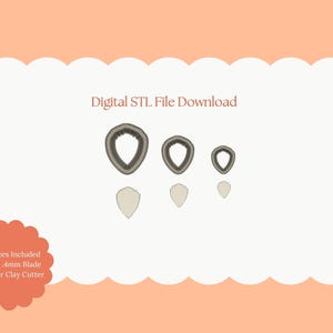 May include: Digital STL file download showing three petal-shaped polymer clay cutters in different sizes, with matching petal shapes below. The cutters have a textured edge. Text includes "All Sizes Included Sharp 4mm Blade Polymer Clay Cutter".