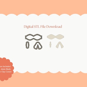 May include: Digital STL file download featuring bow-shaped polymer clay cutters. The image includes the text "All Sizes Included Sharp 4mm Blade Polymer Clay Cutter" and "Digital STL File Download". The cutters are in various shapes and sizes.