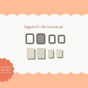 Pode incluir: Download de arquivo STL digital com várias formas de cortadores de argila polimérica. A imagem mostra formas retangulares, quadradas e estampadas em uma paleta de cores neutras. O texto inclui "Digital STL File Download" e "All Sizes Included Sharp .4mm Blade Polymer Clay Cutter."