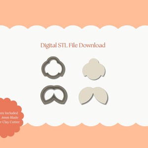 以下が含まれることがあります： 画像には、4つのポリマークレイカッターのデザインがあります。2つのアウトラインと2つのソリッドシェイプです。「Digital STL File Download」のテキストが上部にあります。「All Sizes Included Sharp 4mm Blade Polymer Clay Cutter」のテキストが下部にあります。