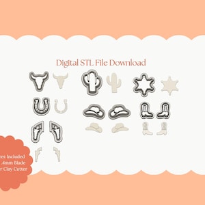 以下が含まれることがあります： ポリマークレイカッター用のデジタルSTLファイルコレクション。ウエスタンをテーマにした形状で、雄牛の頭、サボテン、蹄鉄、カウボーイハット、ブーツ、保安官バッジなどのデザインが含まれています。「Digital STL File Download」の文字が見えます。