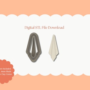 Könnte beinhalten: Digitaler STL-Dateidownload mit zwei Polymer-Ton-Ausstecher-Designs. Eines ist eine geometrische Form, das andere ähnelt einem drapierten Stoff. Das Bild enthält den Text "All Sizes Included Sharp .4mm Blade Polymer Clay Cutter."