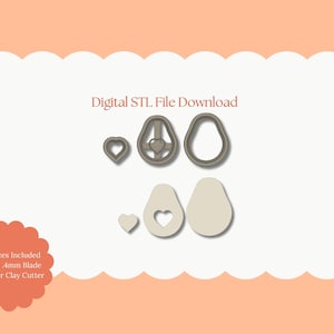 Puede incluir: Descarga digital de archivo STL con cortadores de arcilla polimérica en forma de aguacate y corazón. La imagen incluye varios tamaños de cortadores, con el texto "All Sizes Included Sharp 4mm Blade Polymer Clay Cutter".