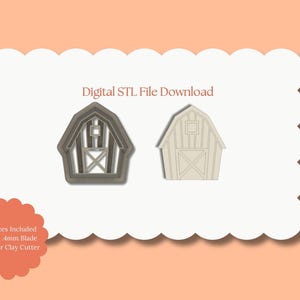 Puede incluir: Descarga de archivo STL digital para un cortador de arcilla polimérica con forma de granero. La imagen muestra dos versiones del cortador, una en marrón y otra en blanco. El texto "All Sizes Included, Sharp 4mm Blade, Polymer Clay Cutter" también está incluido.