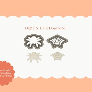 Puede incluir: Descarga de archivo STL digital con cuatro cortadores de arcilla polimérica con temática de Halloween. Los cortadores incluyen una araña, una telaraña y dos diseños de telaraña. El texto "Digital STL File Download" se muestra encima.