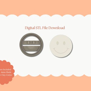 May include: A digital STL file download featuring a smiley face design. The image shows a gray circular cutter and a cream-colored smiley face. Text includes "Digital STL File Download" and "All Sizes Included Sharp .4mm Blade Polymer Clay Cutter."