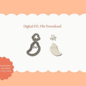 Könnte beinhalten: Digitaler STL-Dateidownload mit Geister-förmigen Polymer Clay Cuttern. Das Bild zeigt zwei Geister-Designs, eines umrandet und eines gefüllt, sowie den Text "Digital STL File Download". Die Cutter sind für Polymer Clay.