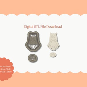 Könnte beinhalten: Digitaler STL-Dateidownload mit drei Halloween-Polymer-Ton-Ausstechern. Die Ausstecher umfassen einen Geist, einen geisterförmigen Keks und einen kürbisförmigen Keks. Das Bild ist vor einem weißen Hintergrund mit einem pfirsichfarbenen Rand.
