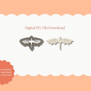 Peut inclure: Deux emporte-pièces en forme de dragon. L'un est un contour métallique, l'autre une forme de dragon pleine. Le texte "Digital STL File Download" est au-dessus des emporte-pièces. Le texte "All Sizes Included Sharp 4mm Blade Polymer Clay Cutter" est dans un cercle.