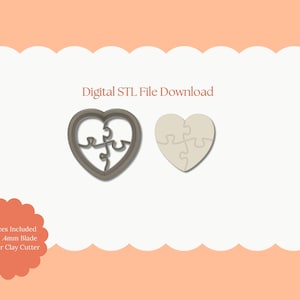 May include: A digital STL file download featuring a heart-shaped puzzle cutter and a puzzle heart. The text "Digital STL File Download" is displayed above the cutters. The text "All Sizes Included Sharp 4mm Blade Polymer Clay Cutter" is displayed below.