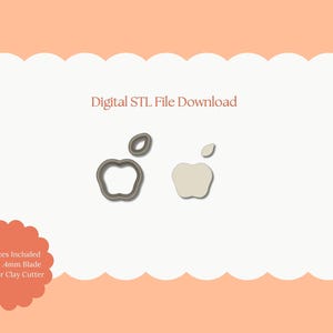 May include: Digital STL file download featuring apple-shaped designs. The image includes a grey outline of an apple, a solid apple shape, and text that reads "Digital STL File Download". The design is on a white cloud-shaped background.