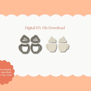 May include: Image shows four sets of coffee-themed polymer clay cutters. Two sets are outlines, and two sets are filled with whipped cream. The text "Digital STL File Download" is at the top. The text "All Sizes Included Sharp 4mm Blade Polymer Clay Cutter" is at the bottom.