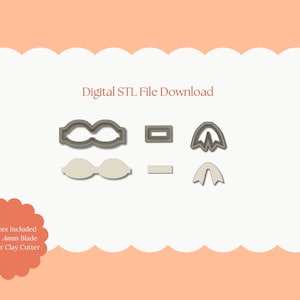 Puede incluir: Descarga de archivo STL digital con varios diseños de cortadores de arcilla polimérica. La imagen muestra varias formas, incluyendo lazos y formas geométricas, en una paleta de colores neutros. El texto en la imagen dice "All Sizes Included Sharp .4mm Blade Polymer Clay Cutter".