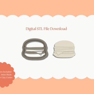 Puede incluir: Descarga de archivo STL digital para un cortador de hamburguesas impreso en 3D. La imagen muestra dos vistas diferentes del cortador, una con un contorno sólido y la otra con un contorno más detallado. El texto "All Sizes Included Sharp - 4mm Blade Polymer Clay Cutter" también está incluido en la imagen.