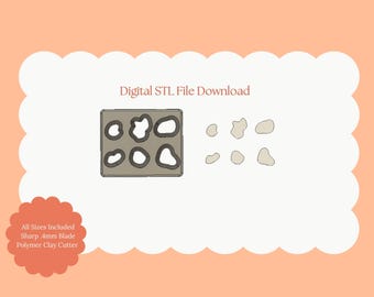 Op de afbeelding: Digitale STL-bestand download met polymeerklei-uitsteekvormen. De afbeelding toont een set van zes uitsteekvormen in een bakje en zes individuele uitsteekvormen. De tekst luidt "All Sizes Included Sharp 4mm Blade Polymer Clay Cutter".