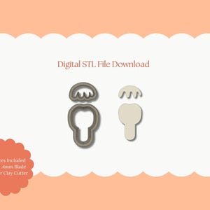 May include: Digital STL file download showing two tooth-shaped polymer clay cutters. One is a grey outline, the other a solid beige shape. The image includes the text "Digital STL File Download" and "All Sizes Included Sharp .4mm Blade Polymer Clay Cutter."