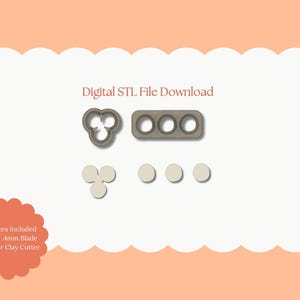 May include: Digital STL file download featuring polymer clay cutters in various shapes. The image includes a flower, a rectangle with circles, a three-petal shape, and three circles. The text reads "All Sizes Included Sharp .4mm Blade Polymer Clay Cutter".