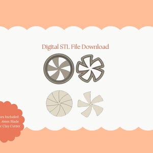 May include: Digital STL file download showing four polymer clay cutter designs. The designs include two circular shapes with fan-like blades and two fan blade shapes. The text reads "All Sizes Included Sharp 4mm Blade Polymer Clay Cutter."
