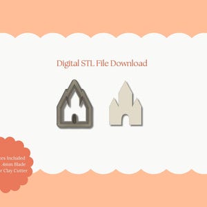 May include: Two castle-shaped cookie cutters. One is a gray outline, the other is a solid off-white color. The text "Digital STL File Download" is above the cutters. The text "All Sizes Included Sharp .4mm Blade Polymer Clay Cutter" is in a red circle.