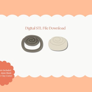 May include: Digital STL File Download. The image shows a polymer clay cutter and a clay model of a cinnamon roll. The cutter is gray and has a spiral design. The text "All Sizes Included Sharp .4mm Blade Polymer Clay Cutter" is also visible.