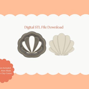 Op de afbeelding: Digitale STL-bestand download met een schelpmotief. De afbeelding toont een schelpkoekjesvorm en een schelpomtrek. De tekst luidt "All Sizes Included Sharp 4mm Blade Polymer Clay Cutter".